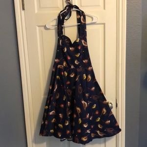 Rockabilly style navy blue halter bird print dress medium